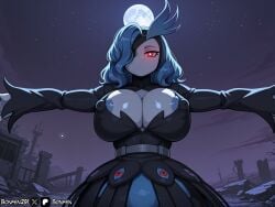 1girl ai_generated areola_slip artist_name bellanoir black_dress blue_hair blush bonfen291 breasts cleavage colored_skin covered_nipples dress eyepatch full_moon hair_over_one_eye huge_breasts humanoid long_sleeves looking_at_viewer medium_hair moon night night_sky nipple_slip nipples no_mouth no_nose one_eye_covered outdoors outstretched_arms pal_(species) palworld patreon_username pocketpair red_eyes ruins self_upload sky solo spread_arms star_(sky)
