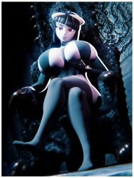 1girl 3d 3d_art 3d_render bangs bikini black_hair chair clothing dark_room explicit female furniture gothic highres indoors looking_at_viewer original_character phalia purple_skin red_eyes scrag_boy sitting solo straight_hair striped_bikini swimsuit throne visiuun