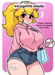 1girl big_breasts blonde_hair bunnysuit cap female heavy_blush iamsyntara mario_(series) mini_short nervous paper_mario:_the_thousand-year_door pink_hoodie ponytail princess_peach shopping_bag sidelocks simple_background simple_coloring simple_shading syntara thighs