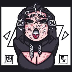 black_hair bukkake cleavage clothed covered_in_cum cum_in_hair cumshot cumshot_on_face cute drinking_cum eating_cum eye_contact facial freckles gokkun hoodie horny_female looking_at_viewer mh_mizuki mizuki_(mh_mizuki) mouth_full_of_cum mouth_open oc original original_character ponytail tongue tongue_out