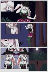 absurd_res albino comic female forest fur genitals hi_res lagomorph leporid mammal night plant pussy rabbit red_eyes tree upskirt white_body white_fur witch_costume yonooshi