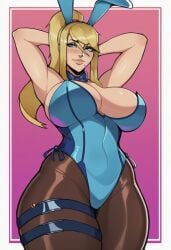 1girls ai_generated breasts bunny_ears bunnysuit female female_focus female_only hereticus large_breasts light-skinned_female light_skin metroid samus_aran solo thick_thighs thighs wide_hips