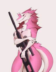 1futa 2018 5_fingers anthro areola black_nipples black_sclera breasts claws dickgirl fur futanari grin gun intersex kodashi kristoph_wulphenstein nipples nude penis pink_fur ranged_weapon rifle sergal simple_background smile solo standing vss_vintorez weapon white_background white_fur