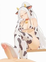 ai_generated cow_ears cow_horns cow_print cow_print_bikini cow_print_thighhighs foot_fetish footjob legs long_hair micro_bikini pandora_(re:zero) panties ponytail re:zero_kara_hajimeru_isekai_seikatsu ribbon sitting white_hair