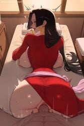 1boy 1girl ai_generated anus ass black_bra black_hair blue_eyes blush boa_hancock bra breasts breasts_outside earrings heart hetero hi_res high_quality high_resolution jewelry large_breasts long_hair looking_at_viewer looking_back mature nipples one_piece patreon penis pov pussy seductive sex sexy uncensored underwear vaginal watermark