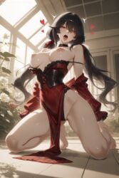 1girl ai_generated bare_shoulders barefoot black_hair blush breasts breasts_outside choker date_a_live detached_sleeves dress full_body heart heart-shaped_pupils heterochromia hi_res high_quality high_resolution indoors kneeling long_hair looking_at_viewer medium_breasts nipples open_mouth patreon red_dress red_eyes saliva seductive sexy solo symbol-shaped_pupils thighs tokisaki_kurumi tongue tongue_out twintails uncensored very_long_hair watermark