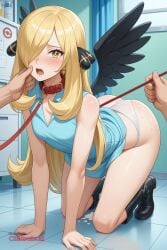 1girl ai_assisted ai_generated all_fours animal_collar big_butt black_boots black_wings blonde_hair blush cynthia_(pokemon) disembodied_hand feathered_wings from_behind full_body hair_ornament hair_over_one_eye hands_on_own_cheeks indoors laboratory leash leash_pull long_hair looking_at_viewer looking_away moaning nervous open_mouth pet_play short_dress showing_butt shy sleeveless sleeveless_dress source_anime star_shaped_pupils star_symbol symbol_shaped_pupils teary_eyes viewer_holding_leash white_dress white_panties wings yellow_eyes