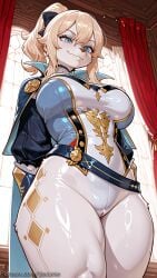 1girl ai_generated bangs belt blonde_hair blue_capelet blue_eyes bow breasts cameltoe capelet curtains decurse from_below genshin_impact hair_bow indoors jean_gunnhildr large_breasts long_hair looking_at_viewer pants ponytail smile solo thighs tight white_pants