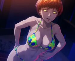 1girls animated big_breasts bikini brown_hair busty female female_only grin half-closed_eyes hands_on_hips large_breasts leaning_forward legs looking_at_viewer navel parted_lips persona_4 pink_lipstick pose posing satonaka_chie seductive seductive_look seductive_smile sexy shadow_chie short_hair smile solo teeth thighs toned video yellow_eyes