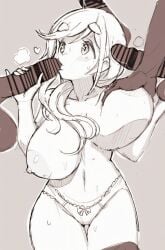 blush breast_grab inuyama_aoi kin-san_(sasuraiga) kissing_penis large_breasts nipples panties surrounded_by_penises sweat thick_eyebrows yurucamp