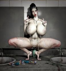1girls 3d artist_request big_breasts black_hair breasts cum cum_on_body cum_on_breasts cum_on_hair cum_on_thighs double_v naked naked_female nipples nude nude_female original original_character peace_sign squatting tongue tongue_out