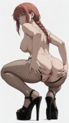ai_generated ass ass_focus ass_grab asshole big_ass breasts chainsaw_man female female_only fishnet_stockings high_heels makima_(chainsaw_man) nude platform_heels pussy red_hair vagina white_background woman