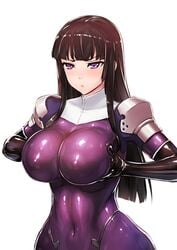 1girls big_breasts black_hair bodysuit breast_grab breast_hold breast_press clothed erect_nipples female holding_breast huge_breasts kamori_sayaka latex navel purple_eyes rindou_(radical_dream) shiny shiny_clothes simple_background skin_tight solo tagme white_background