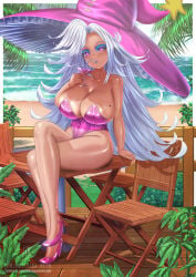 1girls bare_shoulders beach beatrix_(flipwitch) blush breasts chair cleavage cocktail_glass crossed_legs cup drinking drinking_glass drinking_straw female fingernails flipwitch_:_forbidden_sex_hex glass hat high_heels highleg highleg_leotard highres holding holding_cup kein_hasegawa large_breasts leotard lipstick long_hair looking_at_viewer makeup mascara mole mole_on_breast mole_under_eye nail_polish ocean outdoors pink_eyes pink_hat pink_leotard pink_nails sand sitting solo straw support table thighs very_long_hair water white_hair witch_hat