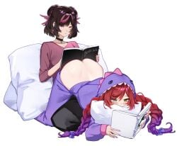 2d anime_style arched_back artist_name ass_up bare_ass black_hair braided_ponytail character_request choker doggy_position doggy_style doggy_style_position doggystyle doggystyle_position face_down_ass_up large_ass oc original original_character pajama_pants pajamas pants_down reading reading_book red_hair sakizxc tagme two-tone_hair white_background