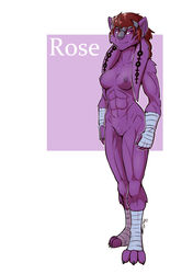 anthro bandage breasts female hair head_plate head_tails holtzmann implants kraskit muscular muscular_female nude purple_nose pussy red_eyes red_hair rose_terleir scar smile solo tattoo