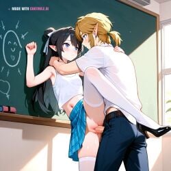 1girl against_wall ai_assisted ai_generated blonde_hair blue_eyes chalkboard checkered_skirt doggy_style doggy_style_sex dripping_pussy facing_forward forced from_behind hand_on_back hand_on_neck head_turned looking_away looking_away_from_viewer looking_forward midriff navel no_panties petite_girl plaid_skirt ponytail single_hair_bun