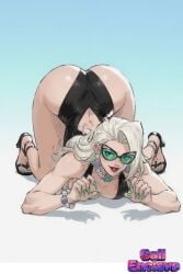 1girl artist_logo artist_name artist_signature ass_focus big_ass_(female) bikini black_cat_(marvel) black_cat_(marvel_rivals) black_swimsuit blue_background earrings felicia_hardy female green_nails legs_apart light-skinned_female light_skin long_hair marvel marvel_comics marvel_rivals necklace paws red_lips sunglasses tits white_background white_hair x_username yallahs80