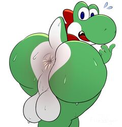 1boy 2018 absurd_res alternate_version_at_source anthro anthrofied anus ass backsack balls big_ass big_butt blue_eyes bubble_ass bubble_butt butt countershading dat_ass dinosaur fangs firebadger green_scales green_yoshi hi_res huge_ass huge_butt humanoid_hands looking_at_viewer looking_back male male_only mario_(series) markings nintendo nude open_mouth presenting presenting_ass presenting_hindquarters red_markings reptile scales scalie signature simple_background solo standing surprise sweat sweaty sweaty_ass sweaty_balls tail testicles thick thick_ass thick_thighs tongue video_games white_background white_scales wide_hips yoshi