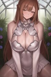 1girl ai_generated bangs bare_shoulders blush braid breasts brown_eyes brown_hair cleavage closed_mouth dress elbow_gloves flower gloves half-closed_eyes hi_res high_quality high_resolution large_breasts long_hair looking_at_viewer patreon seductive sexy sitting smile solo sword_art_online uncensored very_long_hair watermark white_gloves window yuuki_asuna