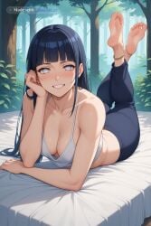 1girl ai_assisted ai_generated anklet bare_shoulders barefeet bedroom black_hair cleavage curvy_body detailed_feet eyes_half_closed feet_up female female_only forest grin hinata_hyuga looking_at_viewer narrow_waist naruto naughty_face no_pupils nose_blush petite prone_position round_ass seductive_smile sitting small_breasts soft_breasts solo solo_focus the_pose tired white_eyes wide_hips