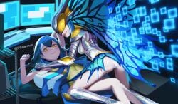 absurdres arthropod_girl ass butterfly_wings coat coat_on_shoulders digimon digimon_(creature) digimon_story:_cyber_sleuth digimon_story:_cyber_sleuth_hacker's_memory highres hudiemon insect_wings long_hair mask mishima_erika monster_girl panties twintails very_long_hair wings