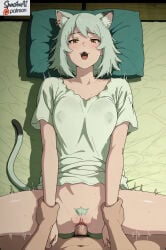 1boy 1girl ai_generated animal_ear_fluff animal_ears arm_grab blush bottomless breasts brown_eyes cat_ears cat_girl cat_tail chainsmoker_cat clitoris clothed_female_nude_male clothed_sex collarbone colored_pubic_hair covered_nipples fangs female_pubic_hair green_hair grey_hair hair_between_eyes happy_sex hetero holding_another's_wrist indoors large_breasts looking_at_viewer lying male_pubic_hair medium_breasts missionary motion_lines navel nude on_back on_bed open_mouth orange_eyes penis pillow pov pov_hands pubic_hair pussy saliva sex sharp_teeth shirt short_hair short_sleeves smile solo_focus spasibo15 spread_legs sweat t-shirt tail teeth uncensored vaginal white_shirt yani_neko yaniko_satou