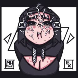 black_hair bukkake cleavage clothed covered_in_cum cum_in_hair cumshot cumshot_on_face cute drinking_cum eating_cum eye_contact facial freckles gokkun hoodie horny_female looking_at_viewer mh_mizuki mizuki_(mh_mizuki) mouth_full_of_cum oc original original_character ponytail swallowing swallowing_cum