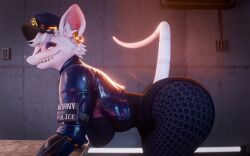 2026 3d_(artwork) absurd_res anthro bedroom_eyes bent_over big_breasts big_butt blender_(artwork) blue_clothing blue_jacket blue_topwear breasts butt clothed clothed_anthro clothed_female clothing cybrokrimson digital_media_(artwork) ear_piercing ear_ring eyeshadow female freckled_face freckles fur gold_(metal) gold_ear_ring hair hi_res jacket makeup mammal murid murine narrowed_eyes officer_flint_(foresttherotten) orange_eyes piercing police police_officer purple_eyeshadow rat ring_piercing rodent seductive solo thick_thighs topwear warfaremachine_(modeler) white_body white_fur white_hair yellow_sclera