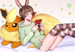 absurd_res balls bottomless bottomless_male charlienya clothed clothing eeveelution femboy flareon foreskin generation_1_pokemon genitals hi_res hoodie human lagomorph legwear leporid liry_pon male mammal nintendo nintendo_ds nintendo_ds_family penis plushie pokemon pokemon_(species) rabbit solo thigh_highs topwear