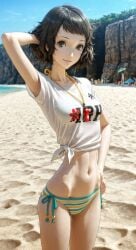 ai_generated beach belly belly_button bikini_bottom black_hair brown_eyes cropped_shirt hand_behind_head hand_on_hip happy looking_at_viewer midriff midriff_baring_shirt narrow_waist navel persona persona_5 petite petite_body petite_female pose posing sadayo_kawakami sand sexy sexy_body sexy_female sexy_pose skinny slim_waist stomach sunny swimsuit thighs tied_shirt tummy whistle white_shirt
