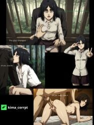 1boy 1girls ai_generated ass ass_up attack_on_titan big_penis black_hair blowjob brown_skirt deepthroat doggy doggy_style doggystyle ejaculation english_text exhausted fatlolo fluids forest forest_background from_above grabbing grabbing_breasts gray_eyes inside long_hair medium_breasts nude nude_female pale-skinned_female pale_skin panels panties peace_sign pieck_finger pussy saliva sex shingeki_no_kyojin skirt skirt_lift suprised vaginal_penetration white_panties white_shirt white_skinned_female