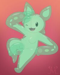 4:5 absurd_res anthro art_fight artfight2026 beady_eyes big_penis black_eyes breasts fan_character featureless_breasts flaccid foreskin generation_5_pokemon genitals green_body gynomorph hi_res humanoid_genitalia humanoid_penis intersex jm-luxro medium_breasts nintendo nude penis pokemon pokemon_(species) reuniclus small_penis