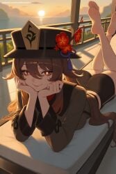 1girl ai_generated ass barefoot black_headwear brown_hair closed_mouth crossed_ankles feet feet_up flower genshin_impact hair_between_eyes hat hat_flower hi_res high_quality high_resolution hu_tao_(genshin_impact) indoors legs_up long_hair long_sleeves looking_at_viewer lying oda_nobunaga_(fate) oda_nobunaga_(fate)_(all) on_stomach patreon red_eyes red_flower seductive sexy smile soles solo the_pose uncensored watermark window