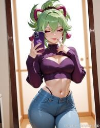 1girls ai_generated boobs breasts female female_focus female_only genshin_impact green_hair high_resolution highres hoyoverse kaistar kuki_shinobu medium_boobs medium_breasts mihoyo patreon selfie solo solo_female solo_focus tongue tongue_out