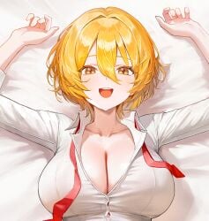 1girl bed blonde_hair breasts cleavage collarbone collared_shirt commentary don_quixote_(limbus_company) large_breasts limbus_company looking_at_viewer necktie on_bed open_collar open_mouth project_moon red_necktie shirt short_hair smile solo white_shirt yellow_eyes