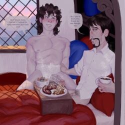 2boys beans beans_(disambiguation) beans_(food) bed bedroom big_cock big_penis blue_eyes bread breakfast breakfast_in_bed british british_accent british_male brown_hair cantelope cockney cum cum_on_food dark_skin digital_drawing_(artwork) digital_media_(artwork) down_syndrome down_syndrome_man drink drink_in_hand english english_commentary english_dialogue english_text erect_penis erection facial_hair flaccid flaccid_penis food fruit fruit_bowl happy hazel_eyes huge_penis male male/male male_focus male_only meal milan_morgenstern mr_shrink orange_slice original original_character original_characters penis_out penis_outside pubic_hair pubic_mound ringmaster_wagstaff sausage sausages semen short_penis small_penis small_penis_exposure tea tea_cup underwear underwear_aside underwear_pull