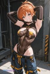 1girl ai_assisted ai_generated bare_shoulders belt blue_pants bottomless choker cinematic_lighting cute depth_of_field devious elbow_gloves green_eyes hands_behind_head happy high_quality hood_down hourglass_figure leotard_under_clothes lily_artemis_ii looking_at_viewer medium_breasts muscle_definition nikke orange_hair perfect_breasts ponytail proud seductive seductive_look sexy short_hair sultry tall toned voluptuous