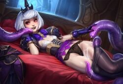 1girl ai_generated black_panties black_pantyhose crown cum_on_breasts cum_on_thighs girl heroes_of_the_storm lace_panties orphea pantyhose_pull purple_dress purple_lipstick purple_tentacles red_eyes small_breasts smile tentacle tentacles white_hair young_female