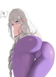 1girl ? absurdres ass blush bodysuit braid braided_ponytail elf emilia_(re:zero) hair_ornament highres long_hair looking_at_viewer official_alternate_costume pointy_ears purple_bodysuit re:zero_kara_hajimeru_isekai_seikatsu solo sorrow924 spoken_question_mark very_long_hair white_hair x_hair_ornament