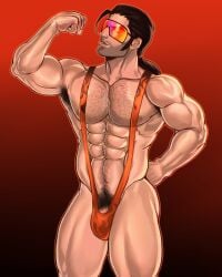 bakkunsfw bara big_pecs bulge dispatch_(game) flambae flexing flexing_bicep gay hairy hairy_armpits male male_only muscular muscular_male solo