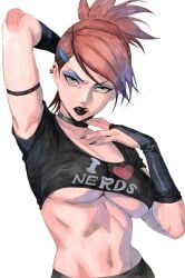 1girls 2d 2d_(artwork) abs all_black arm_behind_head arms_up big_breasts black_lipstick breasts crop_top exposed_midriff eyebrows eyelashes eyeliner female female_only fingerless_elbow_gloves foster's_home_for_imaginary_friends frankie_foster green_eyes hex_mamaniac huge_breasts makeup midriff midriff_baring_shirt red_hair round_breasts simple_background solo_female tagme tongue_out underboob