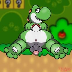 1:1 absurd_res anus balls barefoot big_butt bodily_fluids bubble_butt butt clothing dinosaur feet footwear genital_fluids genitals green_body hi_res highlights_(coloring) hindpaw looking_at_viewer looking_back male mario_bros nintendo paws penis precum prehistoric_species presenting reptile scalie shaded smug smug_face solo super_mario_world yoshi yoshi_(character)