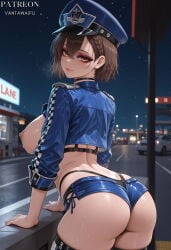 1girl ai_generated artist_name ass azur_lane back baltimore_(azur_lane) baltimore_(finish_line_flagbearer)_(azur_lane) bikini black_choker black_panties black_thighhighs blue_headwear blue_jacket blue_shorts blush boots braid breasts brown_hair car choker closed_mouth clothing cropped_jacket female from_behind hair_between_eyes hat headwear highleg highleg_bikini highleg_panties jacket large_breasts legwear long_sleeves looking_at_viewer looking_back makeup micro_shorts motor_vehicle night night_sky nipples official_alternate_costume outdoors panties patreon_username peaked_cap police police_hat police_uniform race_queen short_hair short_shorts shorts sky smile solo sweat thigh_boots thighhighs thighs thong underbutt underwear uniform vantawaifu wet yellow_eyes