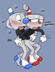 anal anal_sex animate_inanimate balls blue_background bottomless brother brothers closed_eyes clothed clothed_sex clothing cum cum_on_penis cuphead cuphead_(game) dialogue duo english_text erection from_behind_position gay glans gloves grey_penis grey_skin half-closed_eyes humanoid humanoid_on_humanoid humanoid_penis incest legwear lying male male_penetrating moan mugman object_head on_side open_mouth penetration penis sex sibling simple_background socks text toxic-boner video_games yaoi