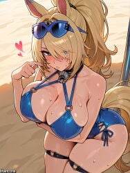 (titancore) ai_generated beach blonde_hair blue_eyes curvy_figure cute_girl drinking horse_ears horse_girl horse_tail huge_breasts long_hair monster_girl ponytail seductive_look seductive_pose sigrid_(zenless_zone_zero) strong_female sweatdrop swimsuit thick_thighs thiren video_game_character zenless_zone_zero
