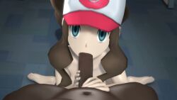3d 3d_animation animated bench blowjob blowjob_face blowjob_only blue_eyes brown_hair dark-skinned_male dominica9 eye_contact feet hands_on_penis hat hilda_(pokemon) indoors interracial large_penis looking_at_viewer no_sound nude pale-skinned_female pokemon pokemon_bw ponytail pov tagme video wip