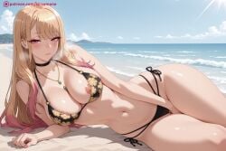1girl ai_generated bangs beach bikini black_bikini blonde_hair blue_sky blush breasts choker cleavage cloud collarbone day earrings hi_res high_quality high_resolution horizon jewelry kiraamane large_breasts long_hair looking_at_viewer lying marin_kitagawa navel nipple_slip nipples ocean on_side outdoors patreon red_eyes seductive sexy side-tie_bikini sky solo star_wars swimsuit uncensored water watermark