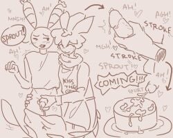 <3 2anthro 2boys anthro/anthro apron arrow_(symbol) balloon_ears blush blushcrunch_studio blushing buckteeth clothed_male clothed_sex cum_on_food cumming dandy's_world dandys_world dubious_consent english_text food food_fetish food_play for_a_head freckles freckles_on_face funny_bunny_looey gay half-dressed hand_on_hip hand_on_partner's_hip handjob heart heart_symbol leaf_hair leaf_tail leaking_cum looey_(dandy's_world) looking_at_partner male/male moaning motion_lines no_color object_head pumpkinocd roblox scarf sleeveless_shirt sprout_(dandy's_world) toon_(dandy's_world) tremble_spikes video_games yaoi