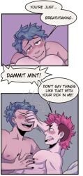 anal_penetration anal_sex armpit armpit_hair black_nails blue_hair blush blushing blushing_male covering_eyes covering_own_eyes face_in_chest face_in_pecs first_time first_time_(anal_sex) first_time_anal first_time_sex forehead_kiss gay gay_couple gay_sex gripping gripping_arm gripping_sheets hand_on_abs hand_on_waist hand_over_eyes head_in_chest head_in_pecs holding_arm holding_head kiss kissing_forehead kissing_pec laughing laying_on_another laying_on_partner laying_on_person love_hearts lying_on_another lying_on_partner lying_on_person m/m male/male male_only male_penetrating male_penetrating_male mint_(spicy_mints) mlm mullet mullet_(hairstyle) muscular muscular_male peeking peeking_through_fingers pushing_head red_hair shoving slow_penetration slow_sex spicy_mints steaming steaming_body steamy_body tsurai_(spicy_mints) webcomic webcomic_character webtoon wholesome wholesome_couple wholesome_sex